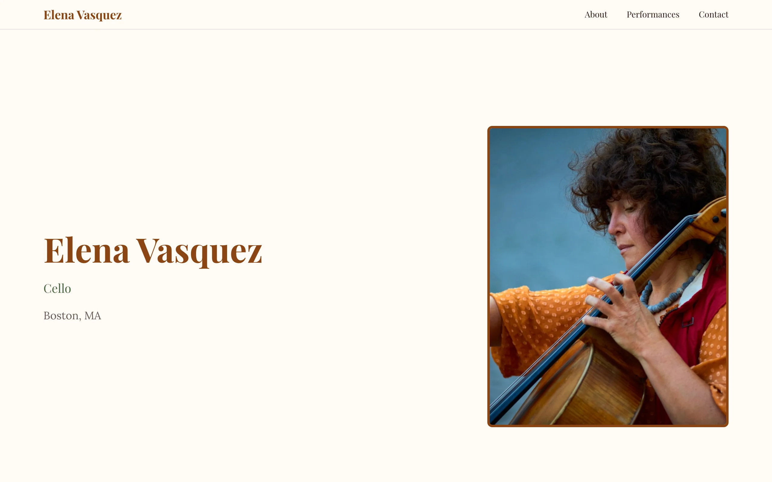 Example musician website for Elena Vasquez, cellist