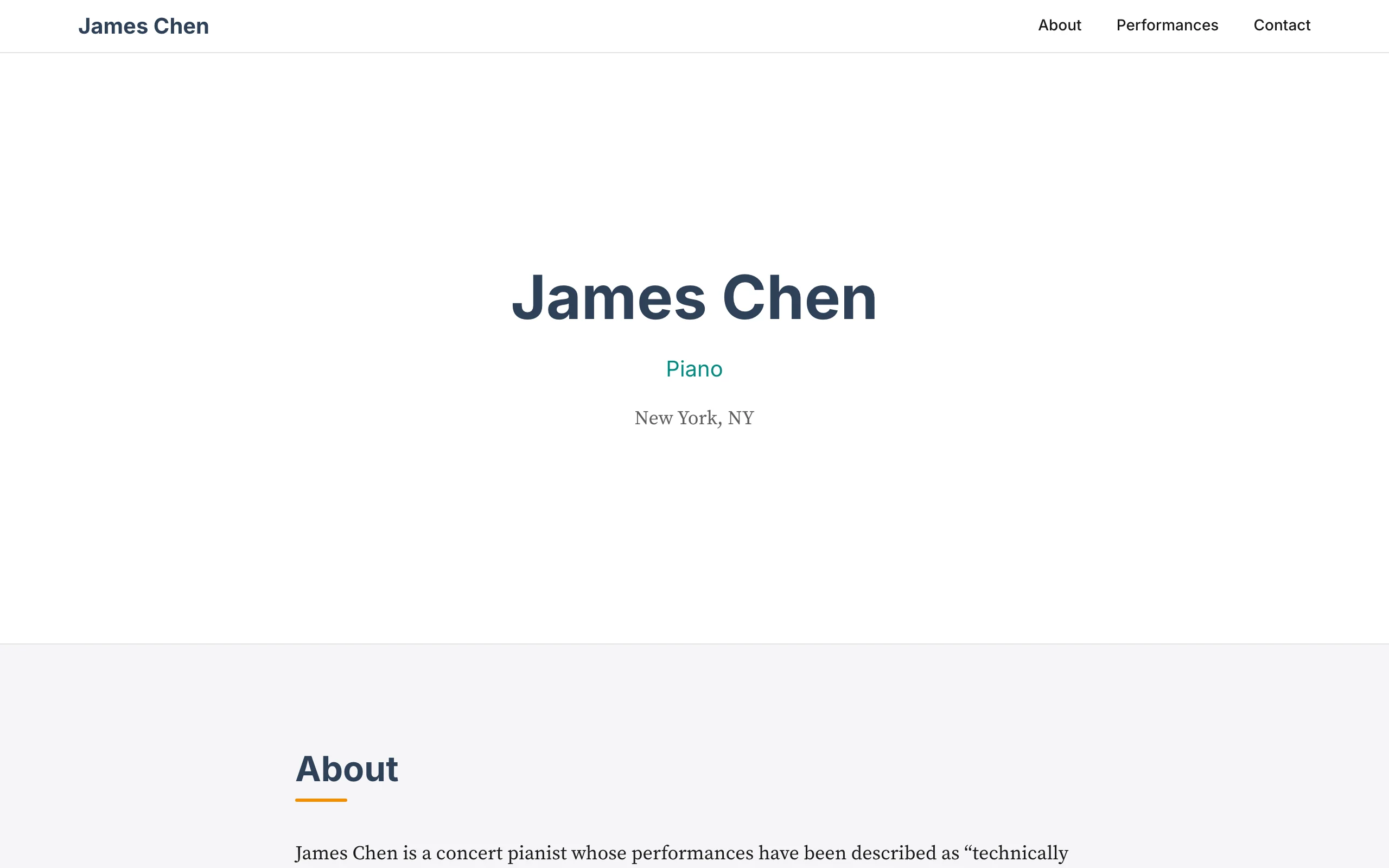Example musician website for James Chen, pianist