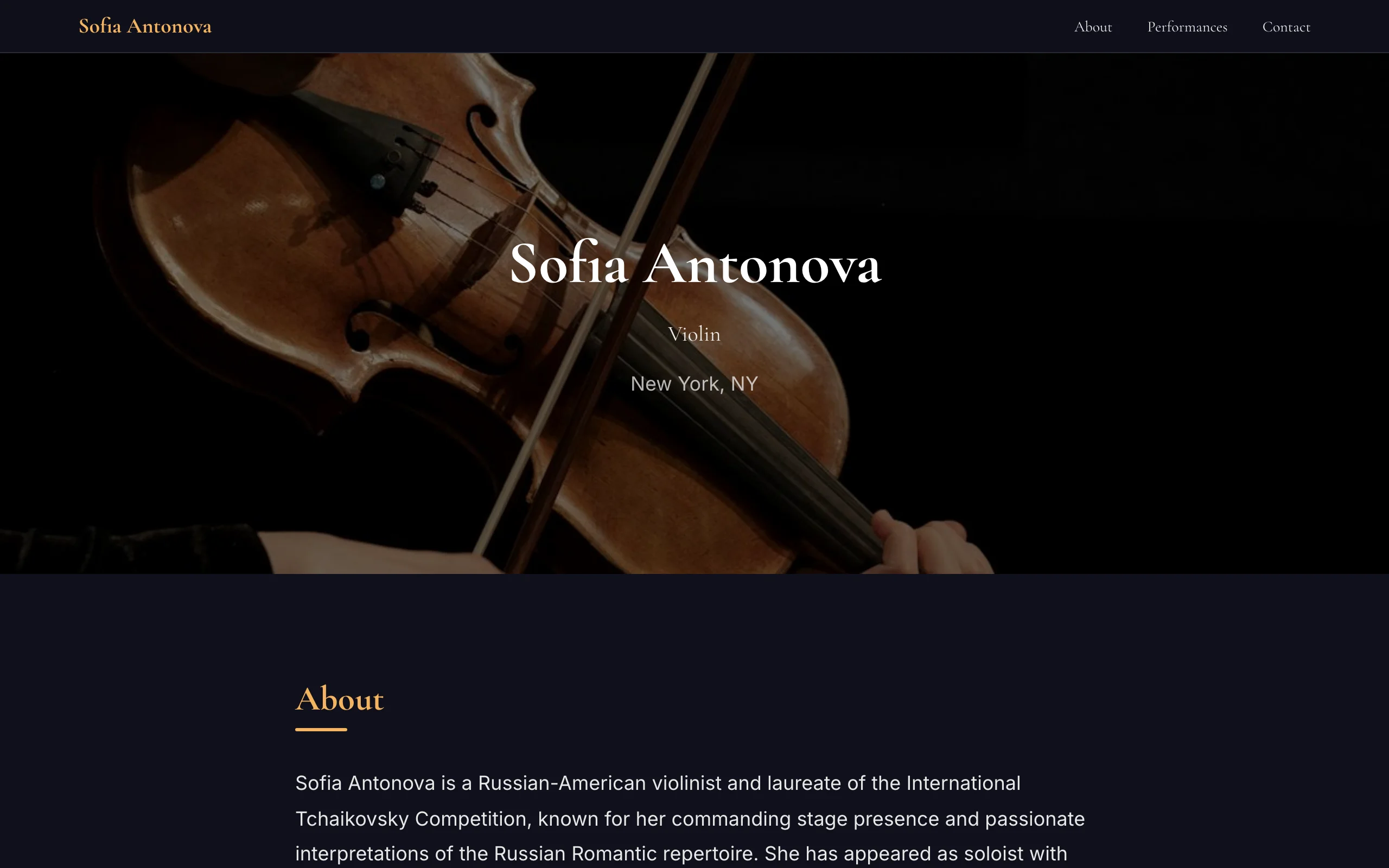 Example musician website for Sofia Antonova, violinist